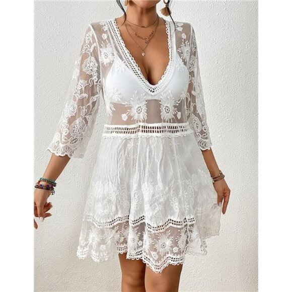 White Embroidered Lace Swimsuit Cover Up Cut Out Beach Dress Bikini Coverup‎ - Picture 1 of 5